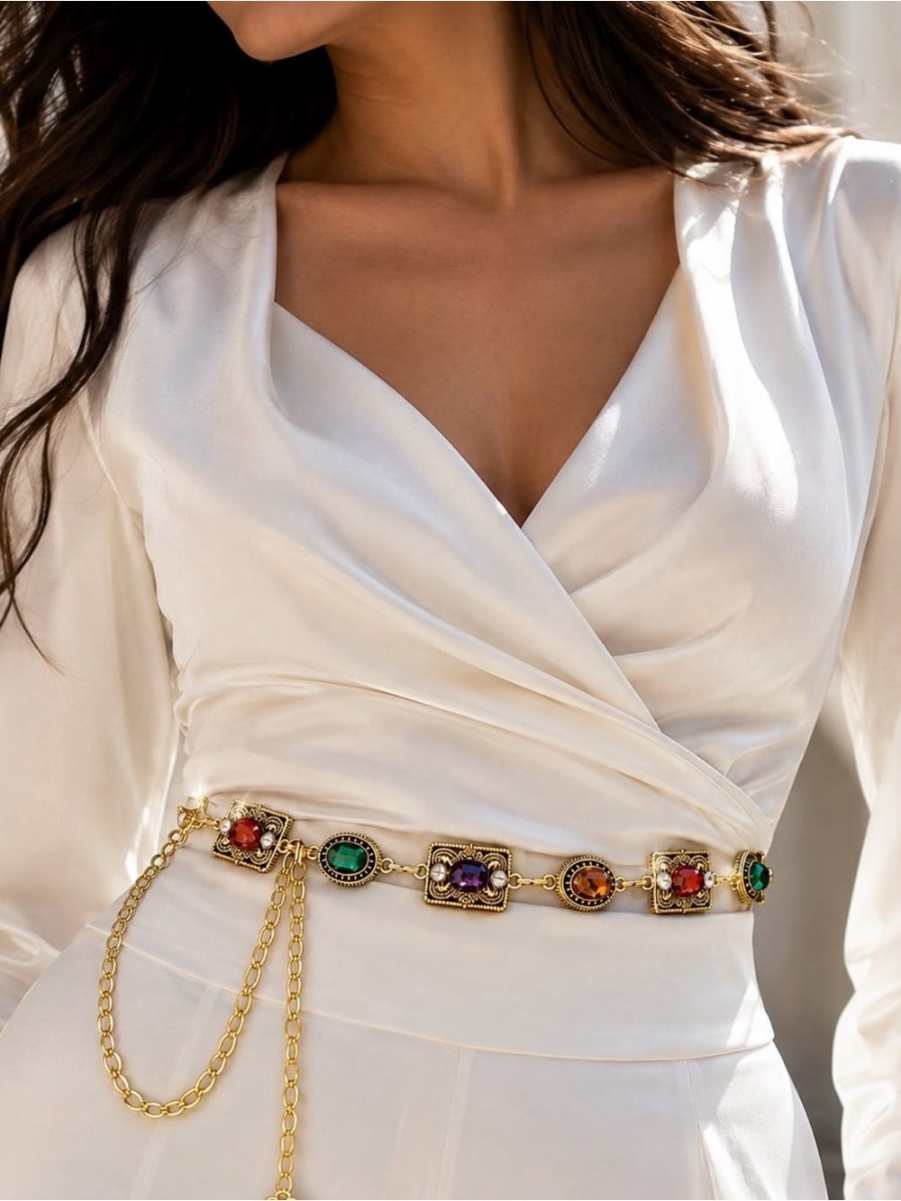Gold-tone Multi Gem Chain Waist Belt - Women's White Outfit Accessory